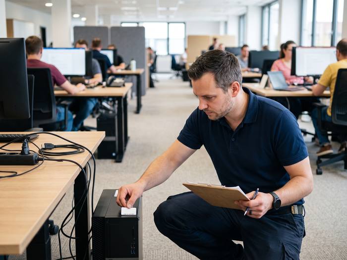 Prüftechniker kennzeichnet einen Rechner im Büro während der Bestandsaufnahme