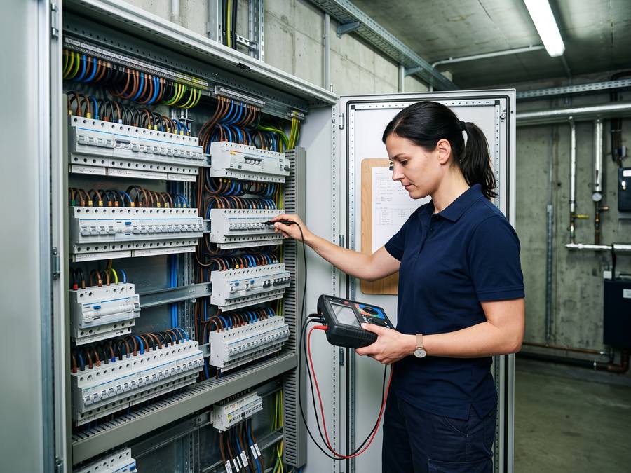 Prüftechnikerin misst an einer geöffneten Elektroverteilung mit dem Installationstester