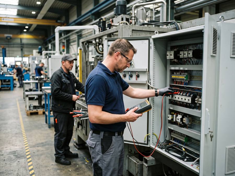 Prüftechniker misst am geöffneten Schaltschrank einer Produktionsmaschine